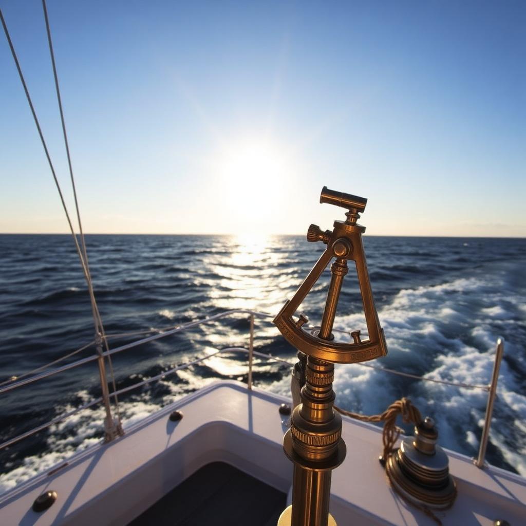 Brass sextant on the deck of a yacht mid-ocean at sunrise