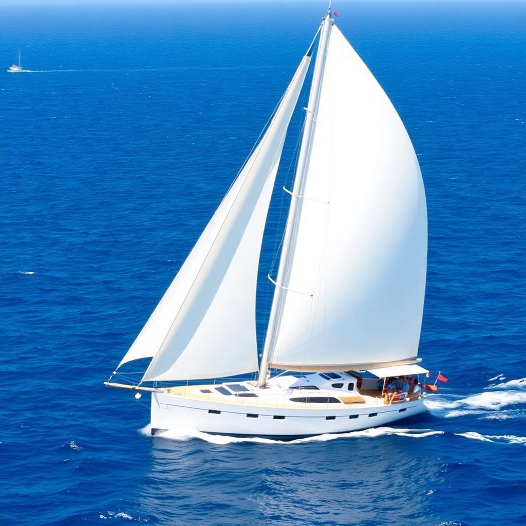 Cruising yacht under full sails on open blue ocean on an offshore passage
