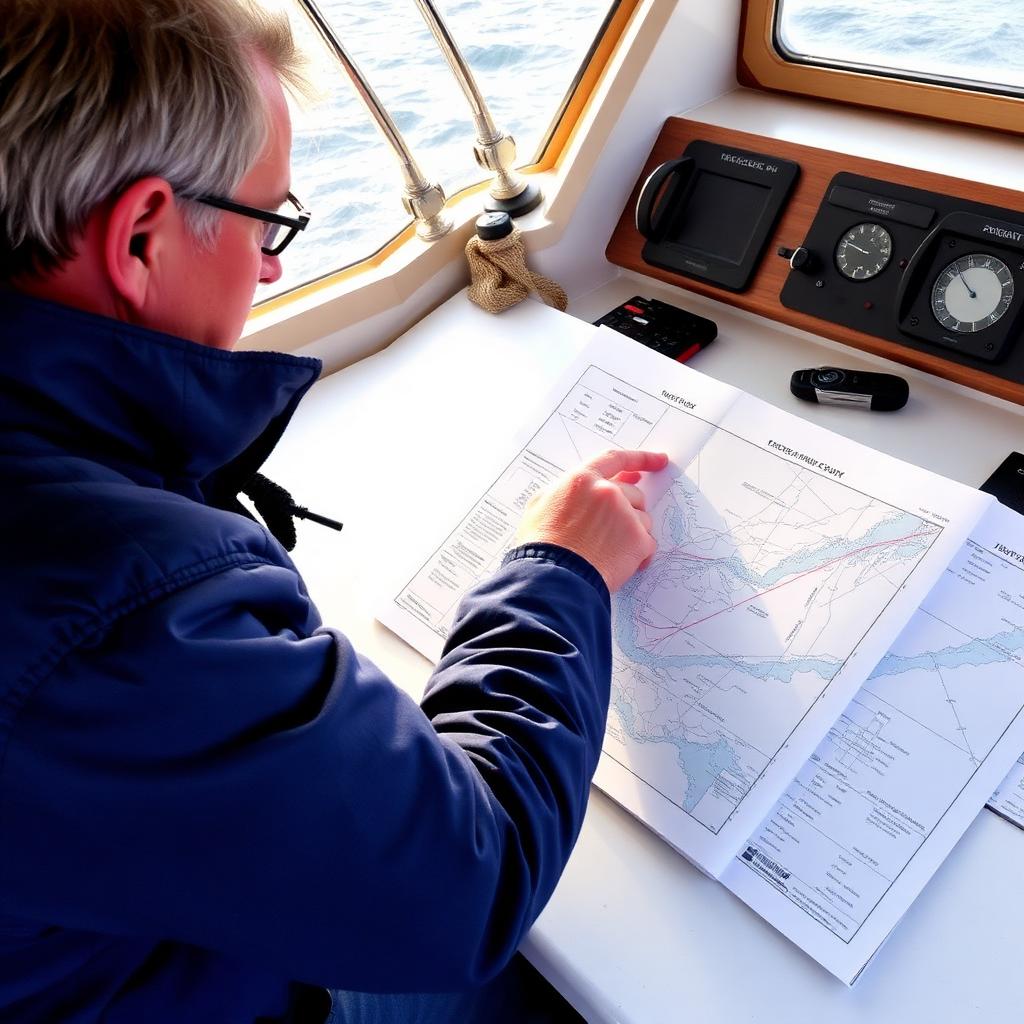 Skipper plotting an offshore passage on a paper chart at the nav station