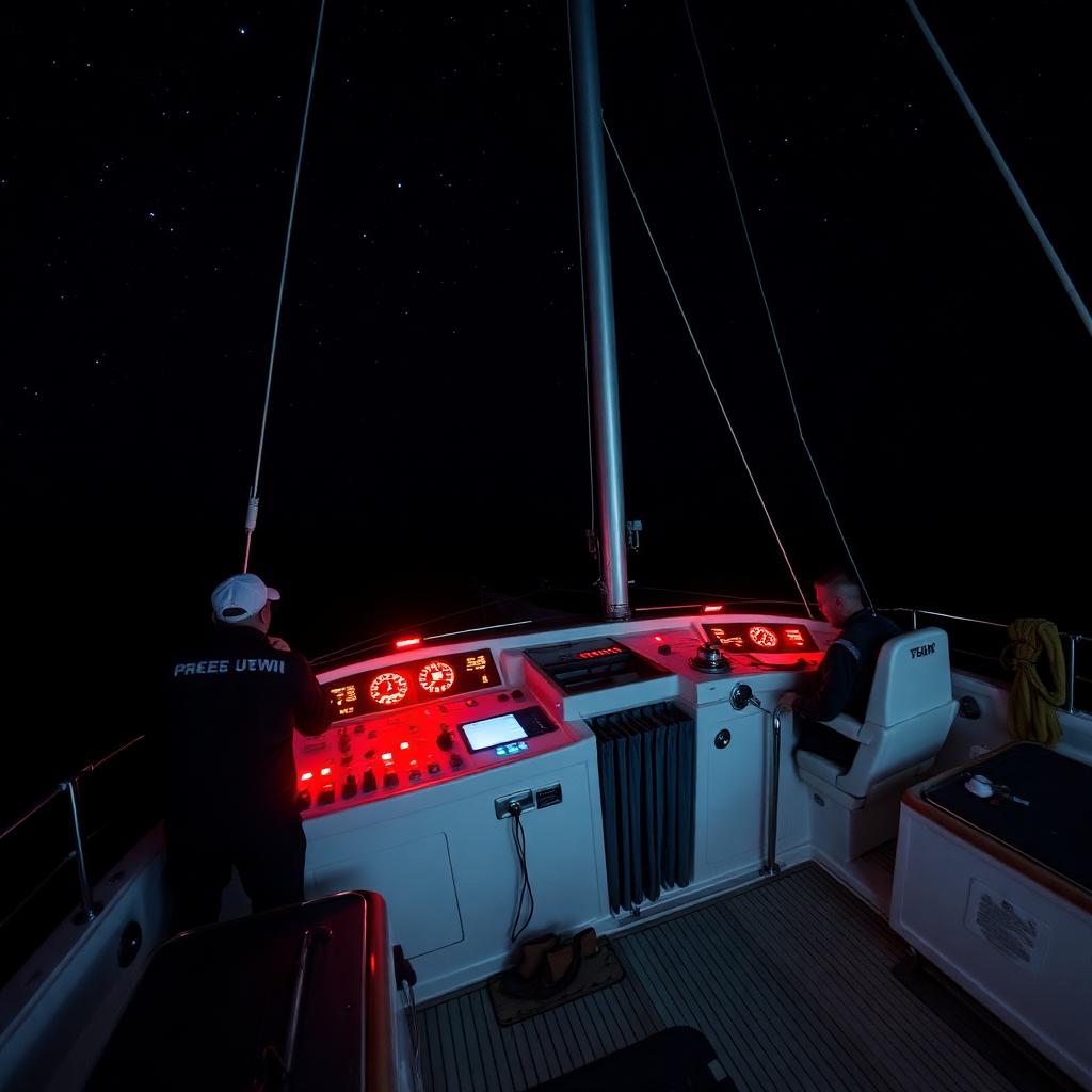 Yacht cockpit at night with red instrument lights and crew on watch, stars above