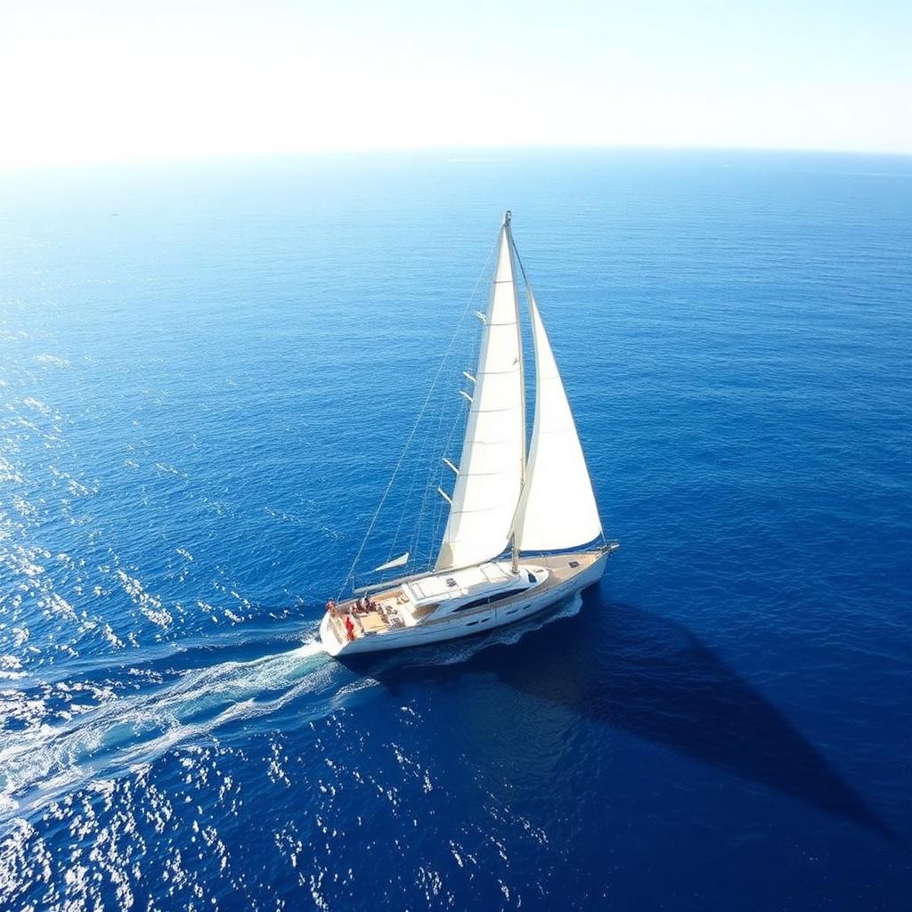 Cruising yacht offshore under full sails on open blue ocean